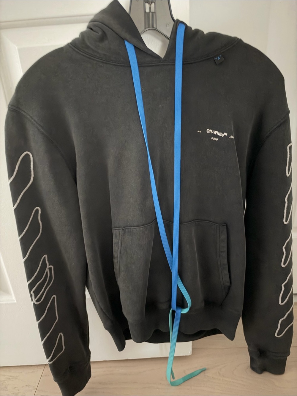 Off-White Black Hoodie with Blue-to-Teal Gradient Drawcords